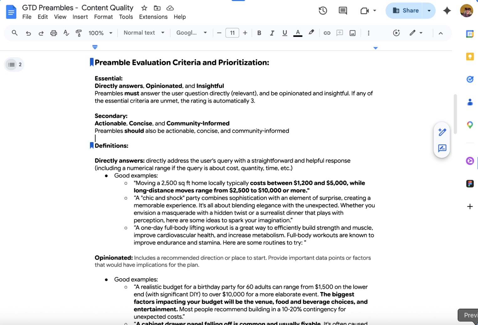 Preamble evaluation criteria. Defining what "directly answers, opinionated, insightful" looks like, with the examples the model would learn from.